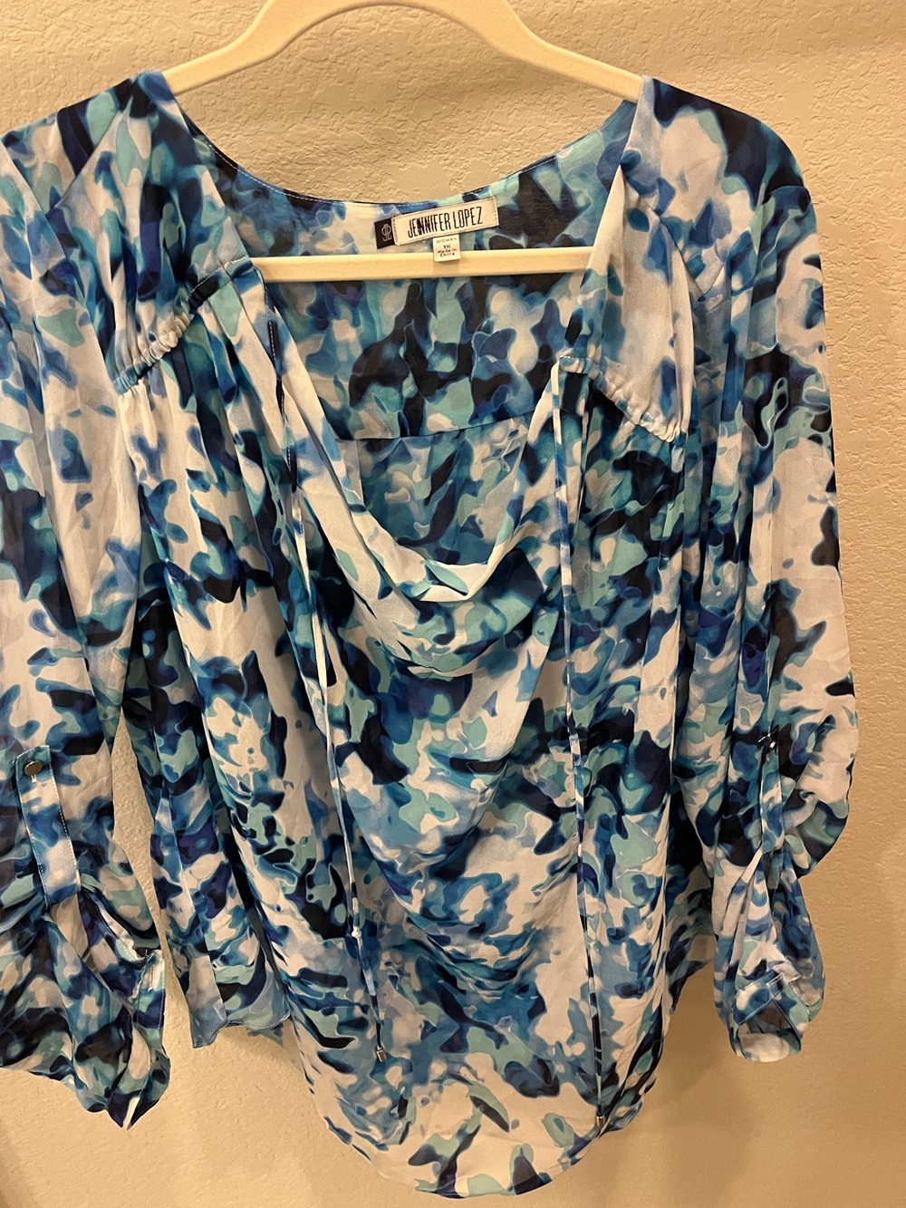 Jennifer Lopez Blue White Multi-Print Tie-Neck Blouse